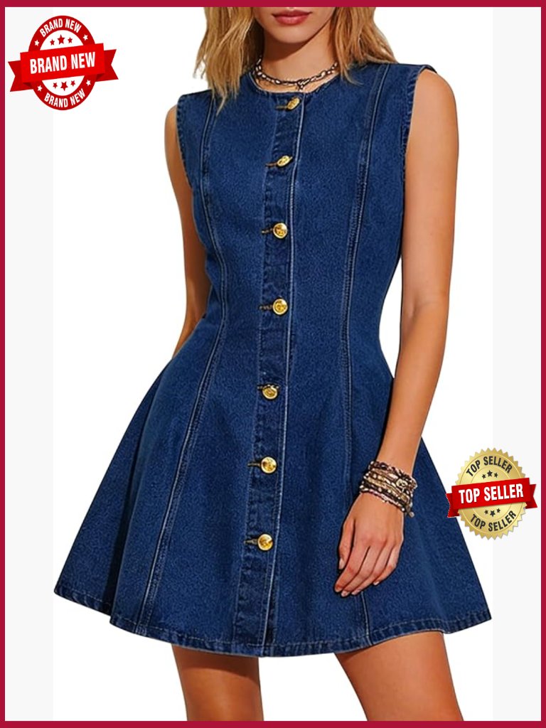 Denim Sleeveless Button Down Mini Tank Dress With Pockets